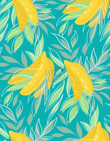 Ilustración de Textura veraniega vectorial de plátanos con exuberante follaje. Diseño de superficies. Patrón tropical con frutas y hojas sobre fondo turquesa. Superficie de moda para telas, fondos de pantalla - Imagen libre de derechos