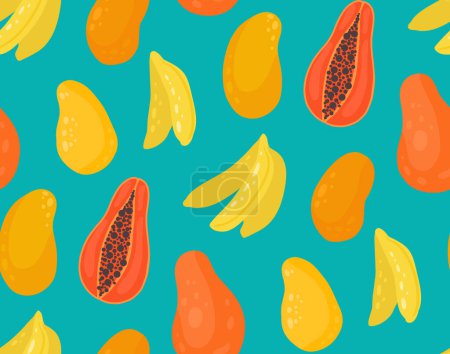 Illustration for Simple vector seamless pattern with tropical fruits. Texture with mango, papaya and bananas on a turquoise background. Surface design for fabrics, wallpaper and wrapping paper - Royalty Free Image