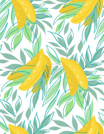 Ilustración de Textura vectorial de plátanos con exuberante follaje. Patrón tropical con frutas y hojas sobre un fondo blanco. Superficie de moda para telas y cortinas - Imagen libre de derechos
