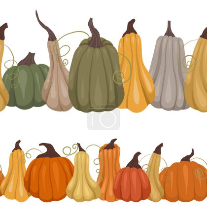 Illustration for Vector set of horizontal pumpkin borders. Collection of seamless vegetable friezes. Autumn garland for frames, postcards, scrapbooking and your design - Royalty Free Image