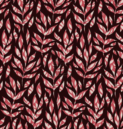 Illustration for Seamless dark vector pattern with red foliage on a burgundy background. Decorative texture with tracery leaves. Natural background for fabrics and draperies. - Royalty Free Image