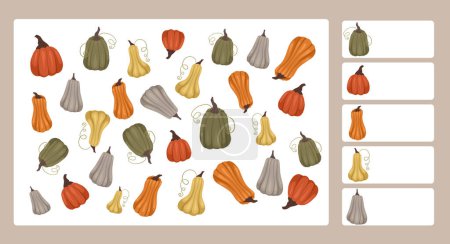 Illustration for Vector template for autumn preschool games. I spy game worksheet. Childrens educational fun. Count how many pumpkins. Count vegetables. - Royalty Free Image