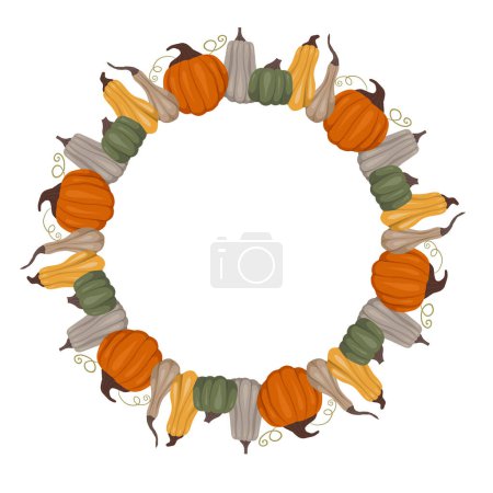 Illustration for Round frame of pumpkins isolated from the background. Vector template with vegetables and copy space. Farm border for invitations, cards and your design - Royalty Free Image
