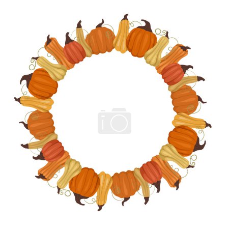Illustration for Round frame of pumpkins with place for text isolated from the background. Vector template with vegetables wreath and copy space. Farm border for invitations, cards and your design - Royalty Free Image