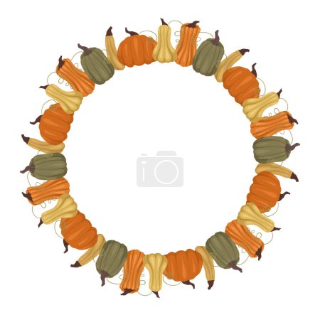 Illustration for Vector round frame of green, gray, orange and yellow pumpkins and place for text. Thanksgiving template with vegetables and copy space. Farm border for invitations, cards and your design - Royalty Free Image