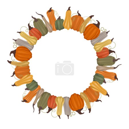 Illustration for Vector round frame of cartoon green, gray, orange and yellow pumpkins and copy space. Thanksgiving template with vegetables and place for text. Farm border for invitations, cards and your design - Royalty Free Image