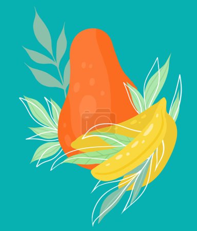 Ilustración de Ilustración vectorial tropical de papaya y plátano con follaje sobre fondo turquesa. Imagen plana dibujada a mano con frutas y hojas. Postal de comida jugosa para menús y recetas. - Imagen libre de derechos