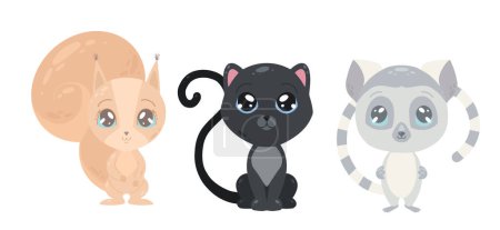 Illustration for Vector set of cute animals. Cartoon kitten, squirrel and lemur isolated from background. Animistic children s collection of funny characters. - Royalty Free Image