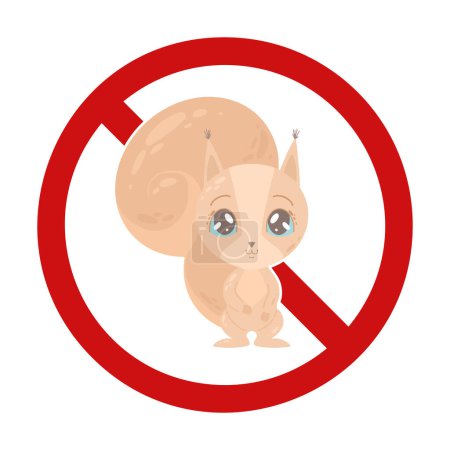 Illustration for Children s prohibition sign with a cute squirrel in the prohibition sign. Do not feed or pet animals. Bite danger. - Royalty Free Image