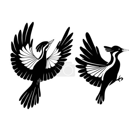 Ilustración de Conjunto vectorial de siluetas de pájaros carpinteros. Clipart de pájaro estilizado negro aislado del fondo. Elementos de diseño para pegatinas, iconos y su diseño - Imagen libre de derechos
