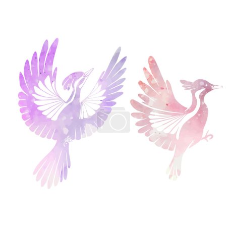 Illustration for Vector set of watercolor woodpeckers silhouettes. Pink and violet stylized bird clipart isolated from background. Design elements for stickers, icons and your design - Royalty Free Image