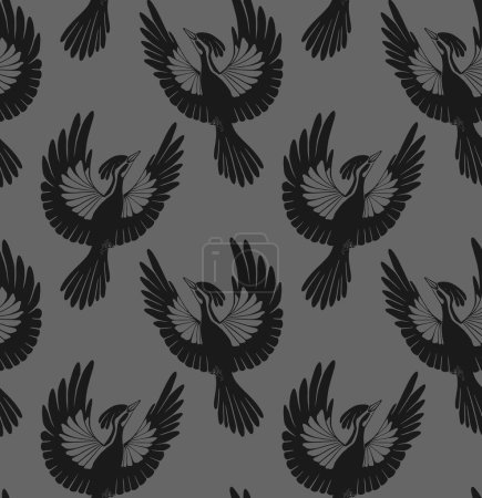 Téléchargez les illustrations : Modèle vectoriel sans couture de silhouettes de pics volants. Texture foncée avec oiseau stylisé noir sur fond gris. Design de surface. Fond d'ornithologie pour tissu et papier peint - en licence libre de droit