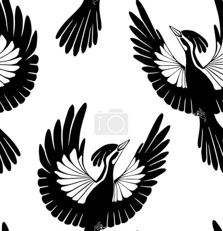 Illustration for Seamless vector pattern of woodpeckers silhouettes. Texture with black stylized bird on white background. Surface design. Ornithology background for fabric and wallpaper - Royalty Free Image