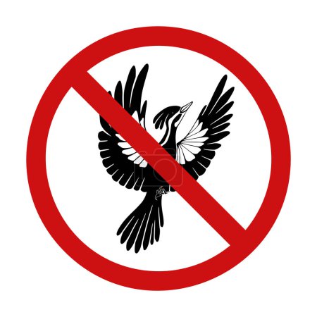 Ilustración de Prohibir el signo vectorial con un ave voladora. La caza está prohibida. No atrape ni alimente aves silvestres. Signo de prohibición para pegatinas, insignias m su diseño - Imagen libre de derechos