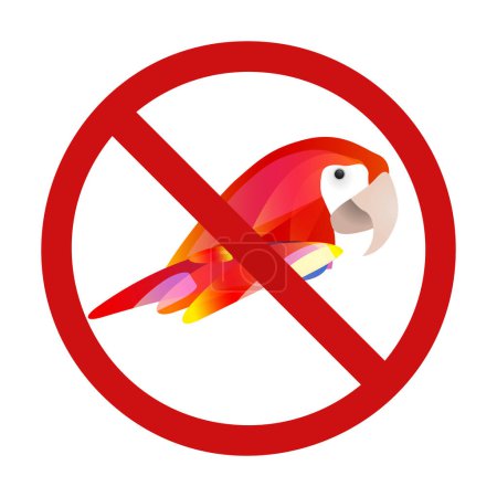 Téléchargez les illustrations : Macaw perroquet en panneau d'interdiction. Ne touchez pas aux oiseaux rares sauvages. Ne nourris pas les perroquets. Panneau de zoo interdit pour autocollants, badges et votre design - en licence libre de droit