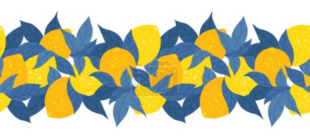 Ilustración de Borde horizontal sin costura vectorial con limones amarillos y follaje azul. Colores contrastantes friso con cítricos y hojas aisladas del fondo. Patrón plano dibujado a mano. - Imagen libre de derechos