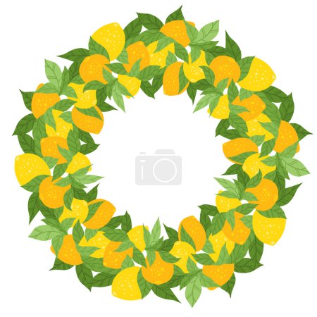 Illustration for Vector round border with lemons, foliages and copy space. Circle frame with citruses and leaves isolated from the background. Hand drawn flat card with fruits and place for text - Royalty Free Image