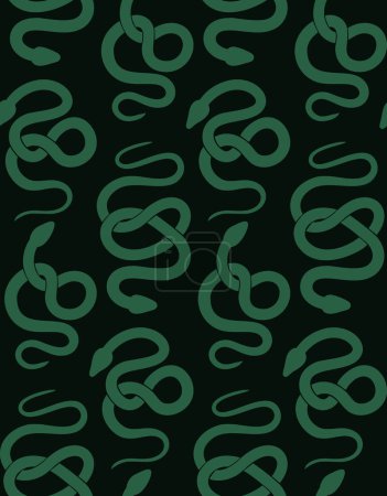Téléchargez les illustrations : Motif vectoriel sans couture avec des silhouettes vertes de serpents sur un fond sombre. Texture animalière tendance pour foulards en soie, tissus et papier d'emballage. - en licence libre de droit