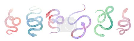 Téléchargez les illustrations : Ensemble vectoriel de silhouettes aquarelles de serpents dans différentes poses. Collection de cobras et boas colorés isolés du fond. Clipart animal pour sublimation, autocollants et icônes - en licence libre de droit