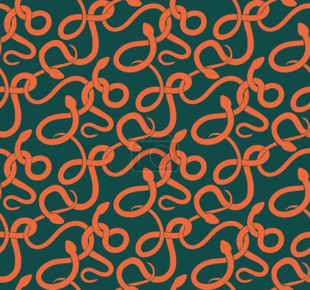 Téléchargez les illustrations : Motif vectoriel sans couture avec des silhouettes de serpent orange enchevêtrées sur fond vert. Tissus de mode avec anacondas. Texture avec serpents. Papier d'emballage Zoo - en licence libre de droit