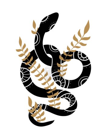 Ilustración de Ilustración vectorial de una serpiente remolinada decorativa con tallos y follaje. Tracery anaconda clipart con decoración natural. Imagen boho de serpiente para pegatina, tarjeta y tatuaje - Imagen libre de derechos