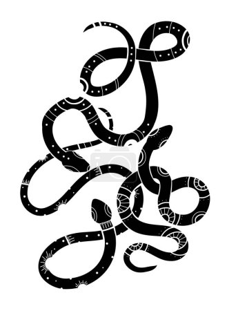 Illustration for Vector mystery illustration with tangled tracery snakes. Monochrome tribal clipart with serpents. Boho reptile silhouette for sublimation, postcards and your design - Royalty Free Image