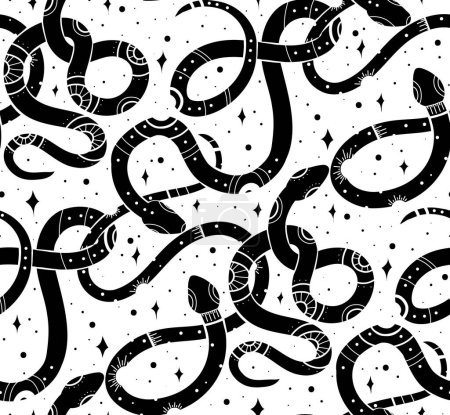 Téléchargez les illustrations : Motif vectoriel sans couture avec des silhouettes de serpent céleste noir avec des décorations mystiques et des étoiles sur fond blanc. Texture sorcellerie avec serpents et constellations pour tissus, papier d'emballage - en licence libre de droit