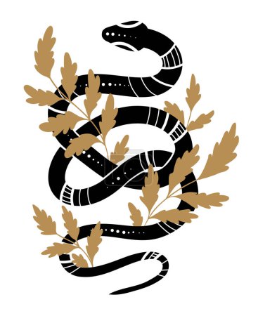 Téléchargez les illustrations : Illustration luxueuse d'un serpent tourbillonné décoratif aux tiges et au feuillage. Clipart serpent silhouette noire avec décoration naturelle. Vipère et bâtons - en licence libre de droit