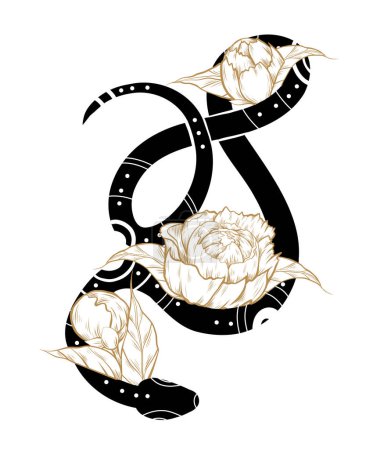 Ilustración de Ilustración mística vectorial enredada serpiente con peonías. Clipart silueta negra de serpientes ornamentales con flores para pegatinas, tatuajes temporales, sublimación en objetos - Imagen libre de derechos