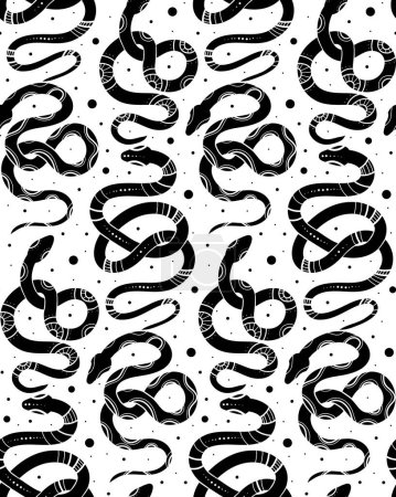 Illustration for Vector seamless pattern with black celestial snake silhouettes with mystic decorations and stars on a white background with dots. Magic texture with serpents and sacred ornaments for fabrics - Royalty Free Image