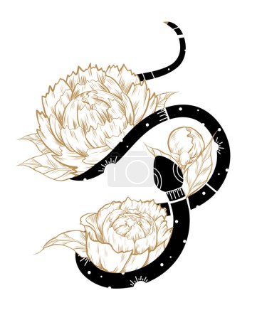 Ilustración de Clipart de serpiente mística vectorial con peonías. Silueta negra de una estrella serpientes ornamentales con flores para pegatinas, tatuajes temporales, sublimación en objetos - Imagen libre de derechos