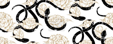 Ilustración de Patrón sin costuras vectorial con siluetas de serpiente negra con decoraciones tribales y peonías sobre un fondo blanco. Textura mística con serpientes y flores para telas, papel de envolver - Imagen libre de derechos