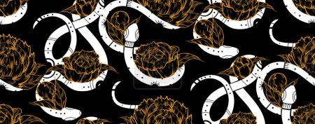 Illustration for Vector seamless pattern with white snake silhouettes with tribal decorations and peonies on a black background. Mystical decorative texture with serpents and flowers for fabrics, wrapping paper - Royalty Free Image