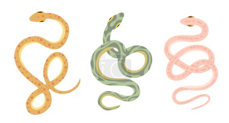 Ilustración de Conjunto vectorial de serpientes de dibujos animados aisladas del fondo. Clipart colección de serpientes en varias poses en colores pastel para pegatinas, tarjetas e iconos - Imagen libre de derechos