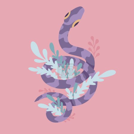 Téléchargez les illustrations : Carte postale vectorielle de dessin animé avec un serpent à tracé violet aux herbes et tiges au feuillage sur fond rose. Carte postale plane dessinée à la main avec un serpent à feuillets pour autocollant et bannière. - en licence libre de droit