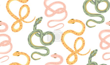 Ilustración de Patrón vectorial sin costuras con serpientes rosadas, verdes y amarillas. Textura de dibujos animados con serpientes sobre fondo blanco. Diseño de superficies con pitones de tracería para telas, papel de envolver - Imagen libre de derechos
