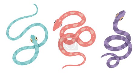 Ilustración de Conjunto vectorial de serpientes de dibujos animados aisladas de fondo blanco. Clipart colección de serpientes en varias poses en colores pastel con decoraciones para pegatinas, tarjetas e iconos - Imagen libre de derechos