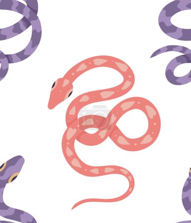 Ilustración de Patrón vectorial sin costuras con serpientes púrpura y rosa. Textura de dibujos animados con pitones sobre fondo blanco. Diseño de superficies con serpientes para telas, papel de envolver y papel pintado - Imagen libre de derechos