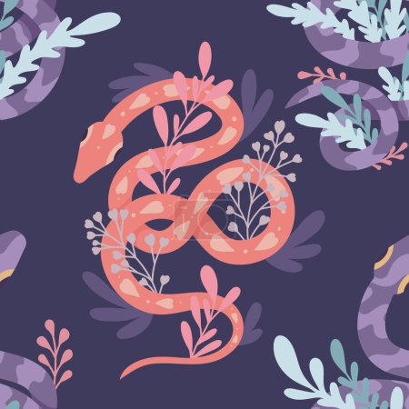 Ilustración de Patrón sin costura vectorial con una traceria rosa serpientes con hierbas y tallos con follaje sobre un fondo púrpura. Diseño de superficie con serpientes con decoraciones de corazones y flores. Textura animal - Imagen libre de derechos