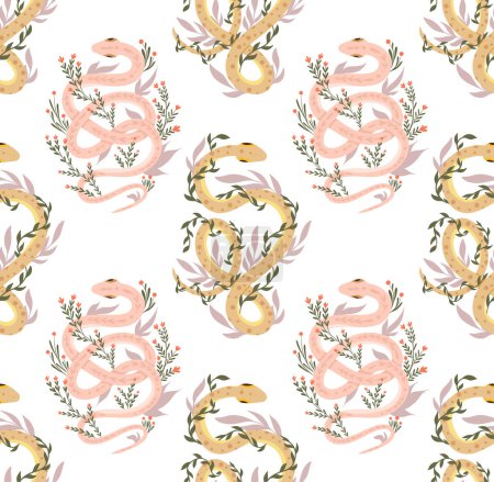 Téléchargez les illustrations : Modèle vectoriel sans couture avec des serpents doux et des herbes. Texture animalière avec serpents roses et jaunes, tiges et feuillage sur fond blanc pour papier d'emballage et papiers peints. Tissu avec pythons - en licence libre de droit