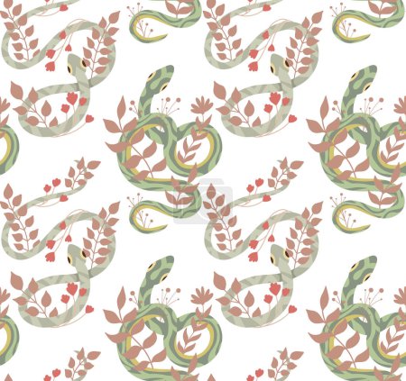 Illustration for Vector seamless pattern with snakes and herbs on a white background. Animalistic texture with serpents and stems and foliage on a white background for wrapping paper, fabrics and wallpapers - Royalty Free Image