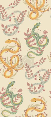 Ilustración de Textura animal con serpientes rizadas verdes y amarillas y hierbas en colores pastel. Patrón sin costura vectorial con serpientes y tallos para papel de envolver, telas y fondos de pantalla - Imagen libre de derechos