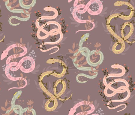 Ilustración de Patrón suave sin costura vectorial con serpientes y tallos de plantas sobre un fondo oscuro. Textura animal con serpientes rizadas y hierbas en color pastel para papel de envolver, telas y papeles pintados - Imagen libre de derechos