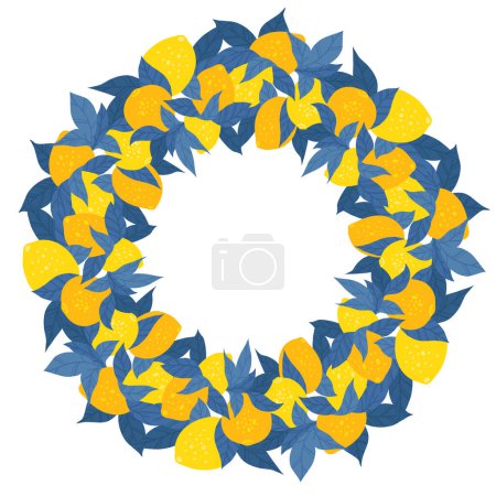 Illustration for Vector contrast round border with lemons, blue foliages and copy space. Hand drawn flat card with fruits and place for text. Circle frame with citruses and leaves isolated from the background. - Royalty Free Image