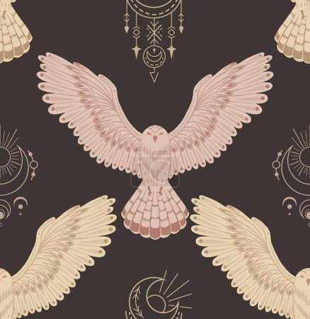 Ilustración de Vector de búhos de textura plana con alas extendidas y tótem boho sobre fondo oscuro. Patrón decorativo sin costuras con aves voladoras y símbolos sacros. Fondo místico para fondo de pantalla, tela - Imagen libre de derechos
