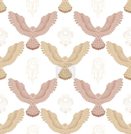 Ilustración de Patrón decorativo sin costuras con aves voladoras y símbolos sacros. Textura vectorial oculta con búhos con alas extendidas y tótem boho sobre fondo blanco. Fondo místico para fondo de pantalla, tela - Imagen libre de derechos