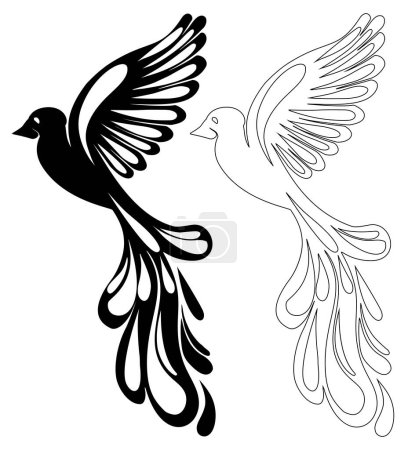 Ilustración de Conjunto de aves estilizadas vectoriales voladoras aisladas del fondo. Palomas silueta contorno y negro. Una colección monocromática símbolo de la libertad. Elemento de diseño para iconos, sublimación y creatividad - Imagen libre de derechos