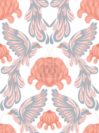 Illustration for Seamless vector pattern with delicate stylized birds and lush peonies. Gentle texture in pastel colors on a white background. Delicate background for fabrics, wrapping paper and your creativity - Royalty Free Image