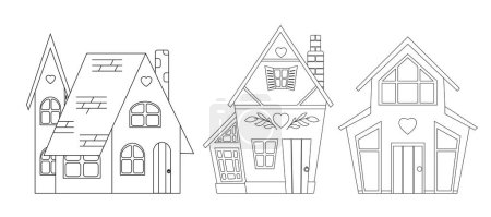Illustration for Set of vector outline illustrations of country houses. Collection of contour cute rural buildings isolated from background. House rent. - Royalty Free Image