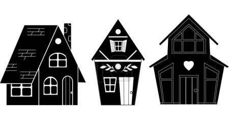 Illustration for Set of vector monochrome illustrations of country houses. Collection of black silhouette cute rural buildings isolated from background. House rent. Symbols for icon, infographic - Royalty Free Image